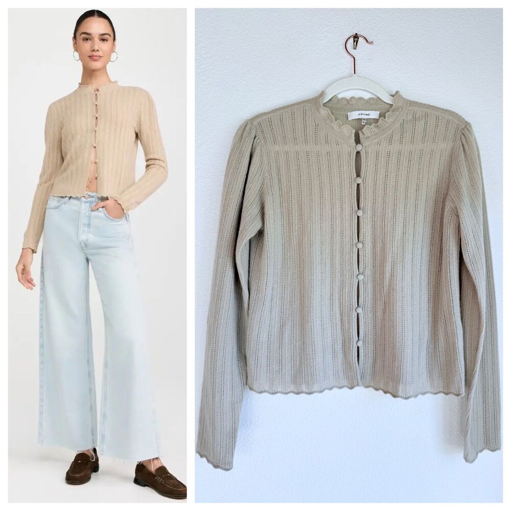 NEW FRAME Women's Frame Ruffle Neck Pointelle 100% Cashmere Cardigan in Taupe M